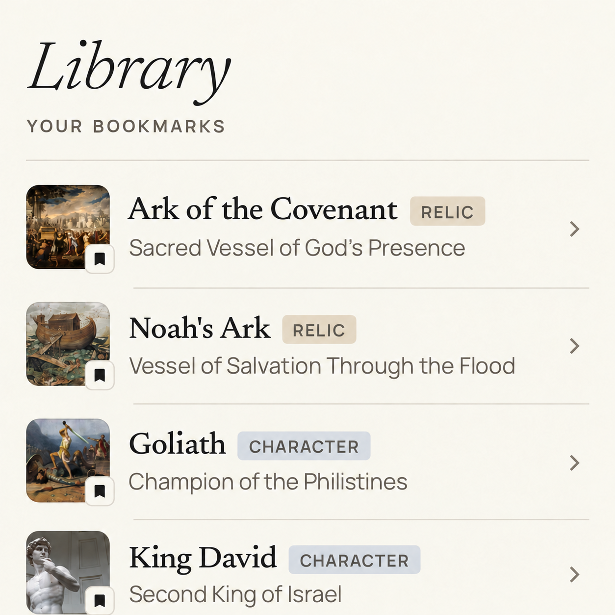 Narrative library showing saved cards for the Ark of the Covenant, Noah’s Ark, Goliath, and King David